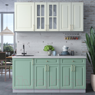 Кухонный гарнитур Интерлиния Мила Шато 1.7А (белый/мята/бискайская сосна)