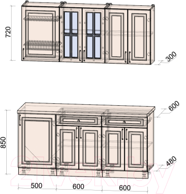 Кухонный гарнитур Интерлиния Мила Шато 1.7А (океан/океан/дуб бунратти)