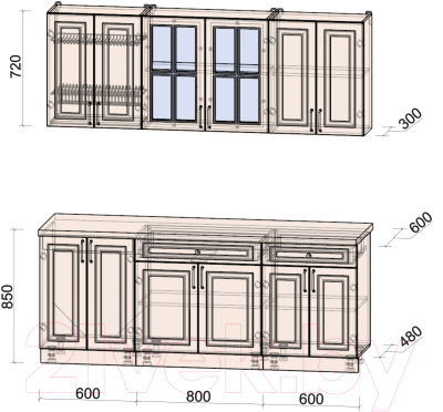 Кухонный гарнитур Интерлиния Мила Шато 2.0А (мята/мята/дуб бунратти)