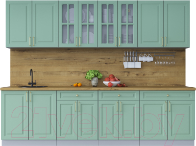 Кухонный гарнитур Интерлиния Мила Шато 2.8А (мята/мята/дуб бунратти) - фото