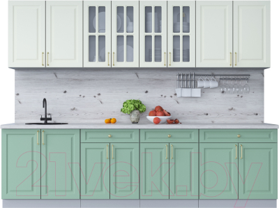 Кухонный гарнитур Интерлиния Мила Шато 2.8А (белый/мята/бискайская сосна) - фото