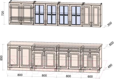 Кухонный гарнитур Интерлиния Мила Шато 3.0А (мята/мята/дуб бунратти)