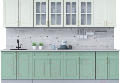 Кухонный гарнитур Интерлиния Мила Шато 3.0А (белый/мята/бискайская сосна) - фото