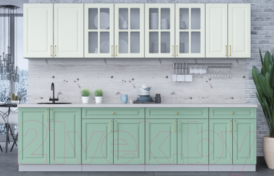Кухонный гарнитур Интерлиния Мила Шато 3.0А (белый/мята/бискайская сосна)
