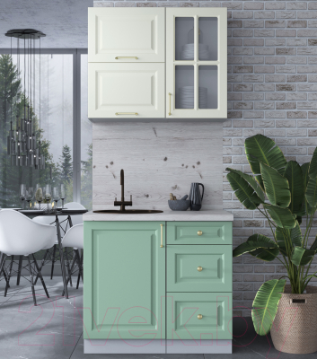 Кухонный гарнитур Интерлиния Мила Шато 0.9Б (белый/мята/бискайская сосна)