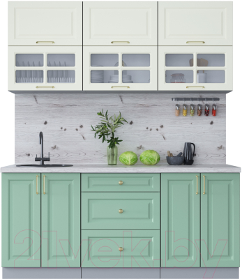 Кухонный гарнитур Интерлиния Мила Шато 1.8Б (белый/мята/бискайская сосна) - фото