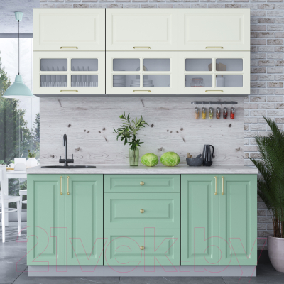 Кухонный гарнитур Интерлиния Мила Шато 1.8Б (белый/мята/бискайская сосна)