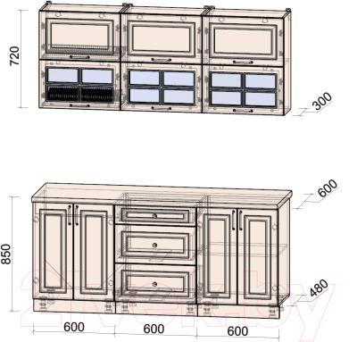 Кухонный гарнитур Интерлиния Мила Шато 1.8Б (пепел/пепел/опал светлый)