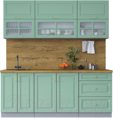 Кухонный гарнитур Интерлиния Мила Шато 2.0Б (мята/мята/дуб бунратти) - фото