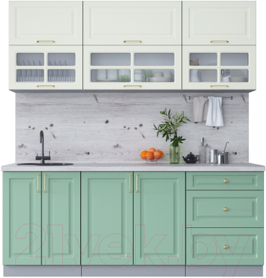 Кухонный гарнитур Интерлиния Мила Шато 2.0Б (белый/мята/бискайская сосна) - фото