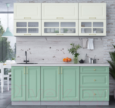 Кухонный гарнитур Интерлиния Мила Шато 2.0Б (белый/мята/бискайская сосна)