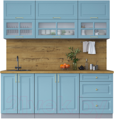 Кухонный гарнитур Интерлиния Мила Шато 2.0Б (океан/океан/дуб бунратти) - фото