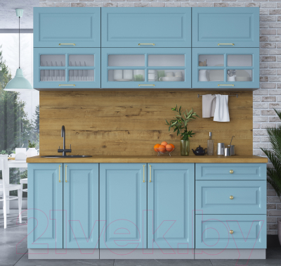 Кухонный гарнитур Интерлиния Мила Шато 2.0Б (океан/океан/дуб бунратти)