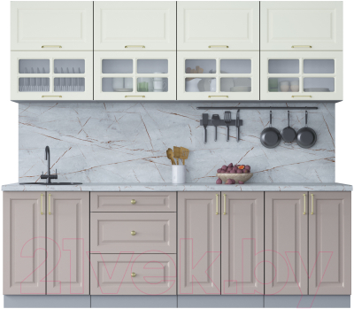Кухонный гарнитур Интерлиния Мила Шато 2.4Б (белый/луна/серый каспий) - фото