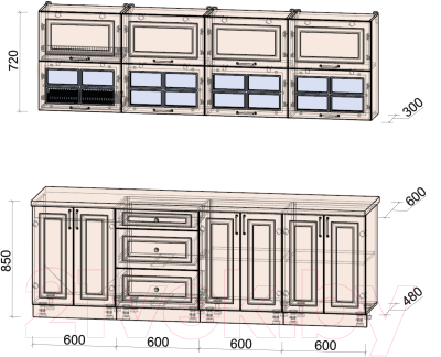 Кухонный гарнитур Интерлиния Мила Шато 2.4Б (мята/мята/дуб бунратти)