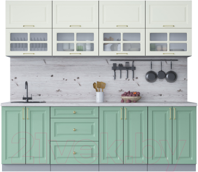 Кухонный гарнитур Интерлиния Мила Шато 2.4Б (белый/мята/бискайская сосна) - фото