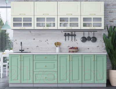 Кухонный гарнитур Интерлиния Мила Шато 2.4Б (белый/мята/бискайская сосна)