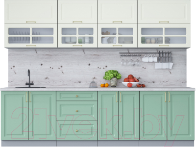 Кухонный гарнитур Интерлиния Мила Шато 2.8Б (белый/мята/бискайская сосна) - фото