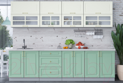 Кухонный гарнитур Интерлиния Мила Шато 2.8Б (белый/мята/бискайская сосна)