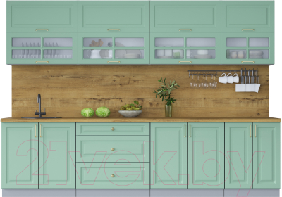 Кухонный гарнитур Интерлиния Мила Шато 3.0Б (мята/мята/дуб бунратти) - фото