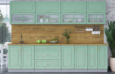 Кухонный гарнитур Интерлиния Мила Шато 3.0Б (мята/мята/дуб бунратти)