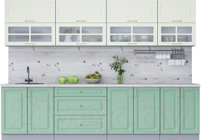 Кухонный гарнитур Интерлиния Мила Шато 3.0Б (белый/мята/бискайская сосна) - фото