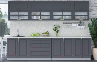 Кухонный гарнитур Интерлиния Мила Шато 3.0Б (пепел/пепел/опал светлый)