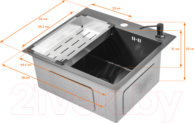 Мойка кухонная Saniteco 5045 Nano (с сифоном, дозатором и коландером)