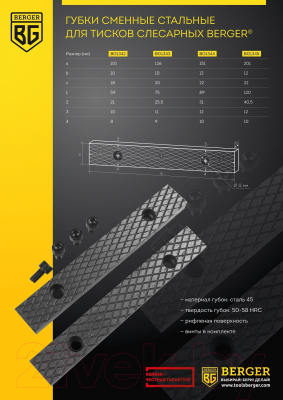 Губки для тисков BERGER Сменные стальные 150мм / BG1344