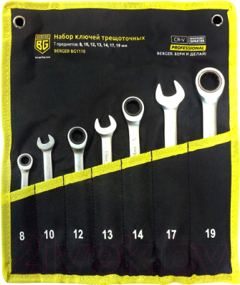 Набор ключей BERGER Комбинированных трещоточных 8-19мм / BG1110 (7 предметов в матерчатом чехле) - фото