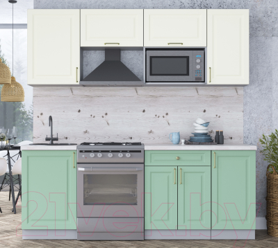Кухонный гарнитур Интерлиния Мила Шато 2.1В (белый/мята/бискайская сосна)