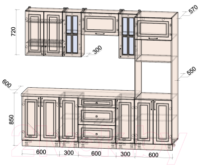 Кухонный гарнитур Интерлиния Мила Шато 2.4В (белый/луна/серый каспий)