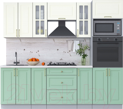 Кухонный гарнитур Интерлиния Мила Шато 2.4В (белый/мята/бискайская сосна) - фото