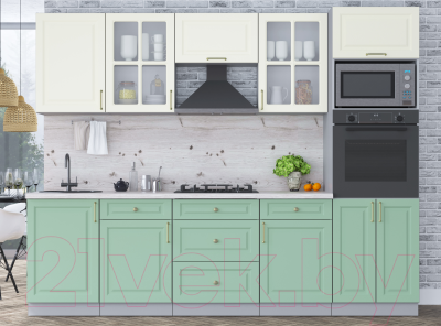 Кухонный гарнитур Интерлиния Мила Шато 2.7В (белый/мята/бискайская сосна)