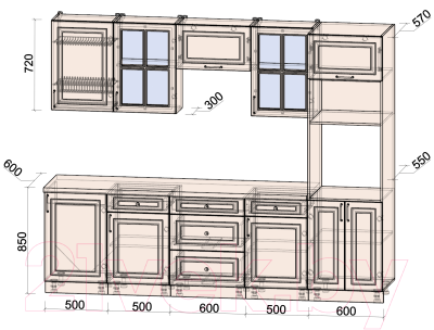 Кухонный гарнитур Интерлиния Мила Шато 2.7В (пепел/пепел/опал светлый)