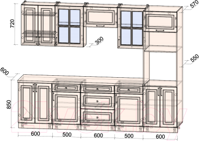 Кухонный гарнитур Интерлиния Мила Шато 2.8В (белый/луна/серый каспий)