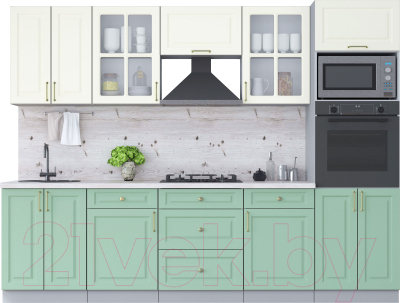 Кухонный гарнитур Интерлиния Мила Шато 2.8В (белый/мята/бискайская сосна) - фото