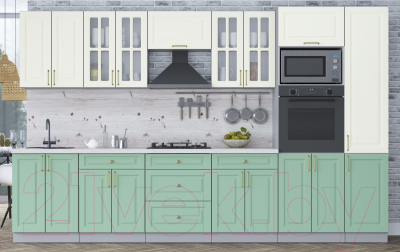 Кухонный гарнитур Интерлиния Мила Шато 3.4В (белый/мята/бискайская сосна)