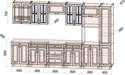 Кухонный гарнитур Интерлиния Мила Шато 3.4В (океан/океан/дуб бунратти)