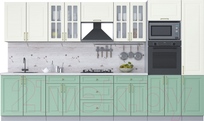 Кухонный гарнитур Интерлиния Мила Шато 3.6В (белый/мята/бискайская сосна) - фото