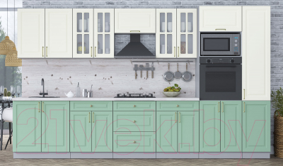 Кухонный гарнитур Интерлиния Мила Шато 3.6В (белый/мята/бискайская сосна)