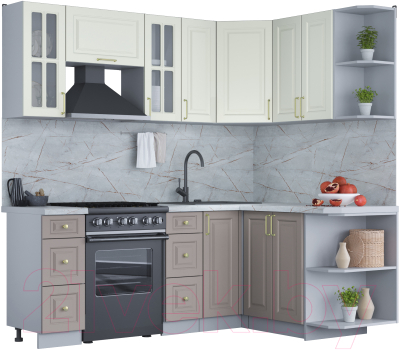 Кухонный гарнитур Интерлиния Мила Шато 1.5x2.1 правая (белый/луна/серый каспий) - фото