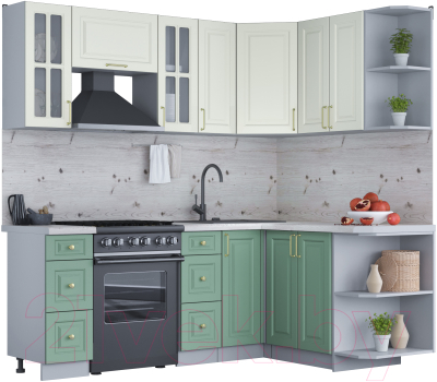 Кухонный гарнитур Интерлиния Мила Шато 1.5x2.1 правая (белый/мята/бискайская сосна) - фото