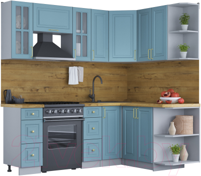 Кухонный гарнитур Интерлиния Мила Шато 1.5x2.1 правая (океан/океан/дуб бунратти) - фото