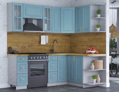 Кухонный гарнитур Интерлиния Мила Шато 1.5x2.1 правая (океан/океан/дуб бунратти)