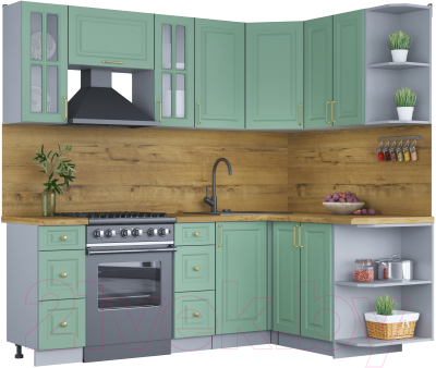 Кухонный гарнитур Интерлиния Мила Шато 1.5x2.2 правая (мята/мята/дуб бунратти) - фото