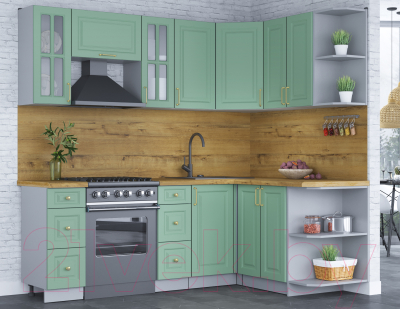 Кухонный гарнитур Интерлиния Мила Шато 1.5x2.2 правая (мята/мята/дуб бунратти)
