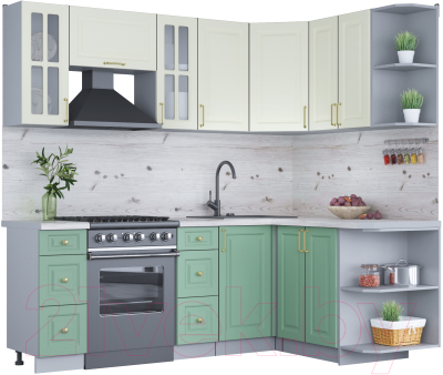 Кухонный гарнитур Интерлиния Мила Шато 1.5x2.2 правая (белый/мята/бискайская сосна) - фото