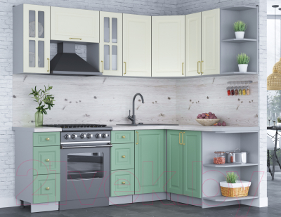 Кухонный гарнитур Интерлиния Мила Шато 1.5x2.2 правая (белый/мята/бискайская сосна)