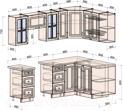 Готовая кухня Интерлиния Мила Шато 1.5x2.3 правая